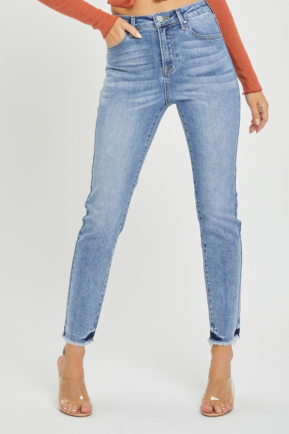 RISEN Full Size High Rise Frayed Hem Skinny Jeans Trendsi