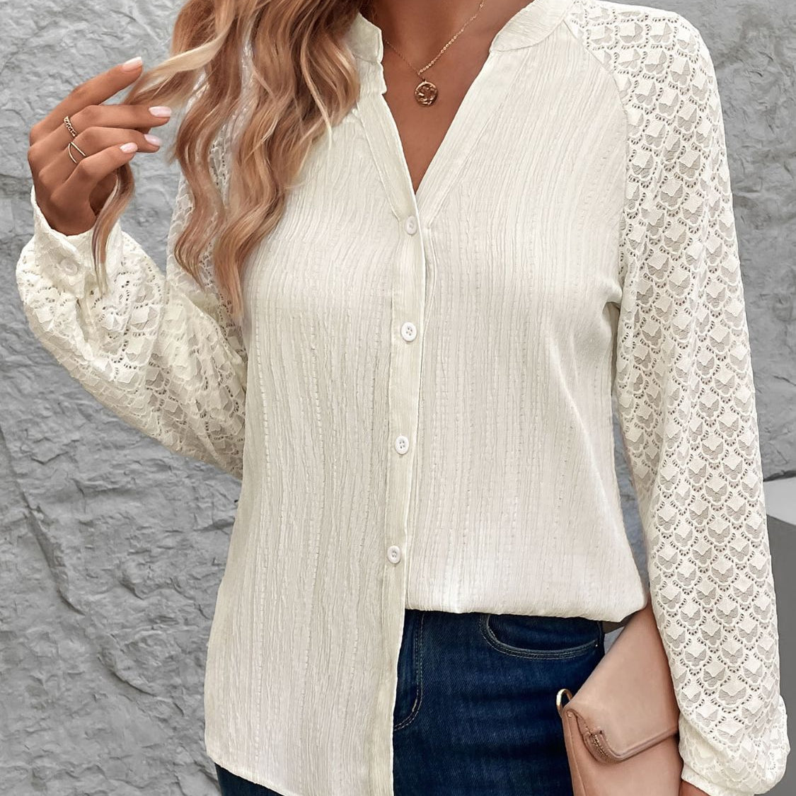 Textured Notched Long Sleeve Shirt