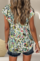 Ruffled Printed Notched Cap Sleeve Blouse Trendsi