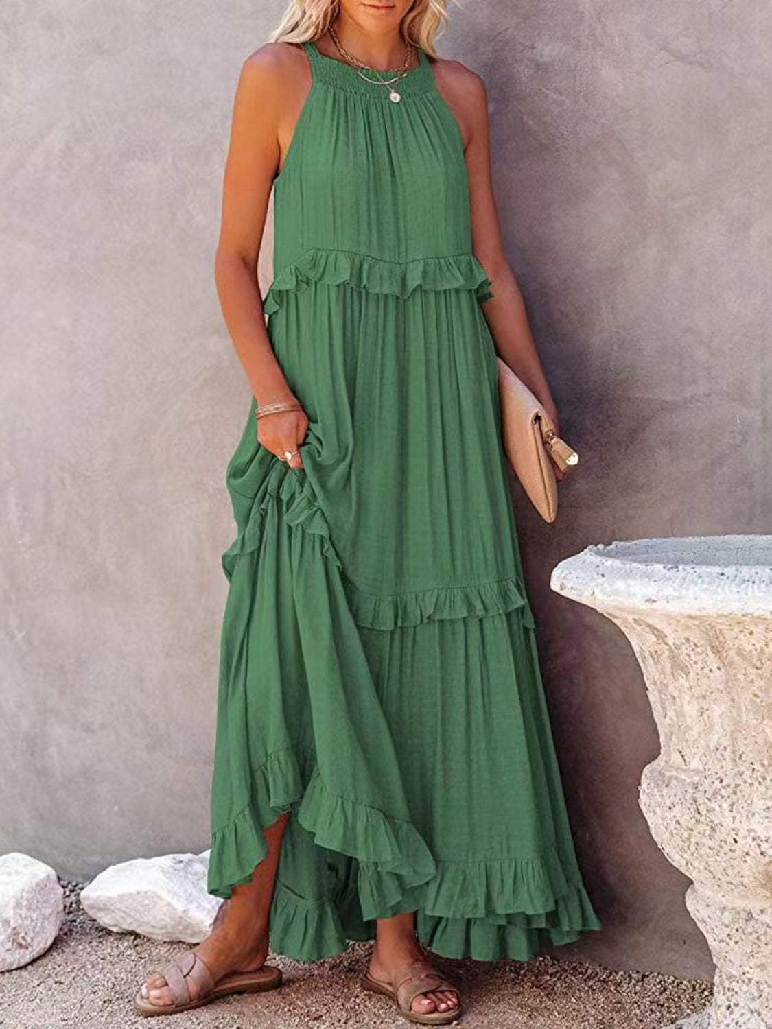 Ruffled Sleeveless Maxi Dress with Pockets Trendsi