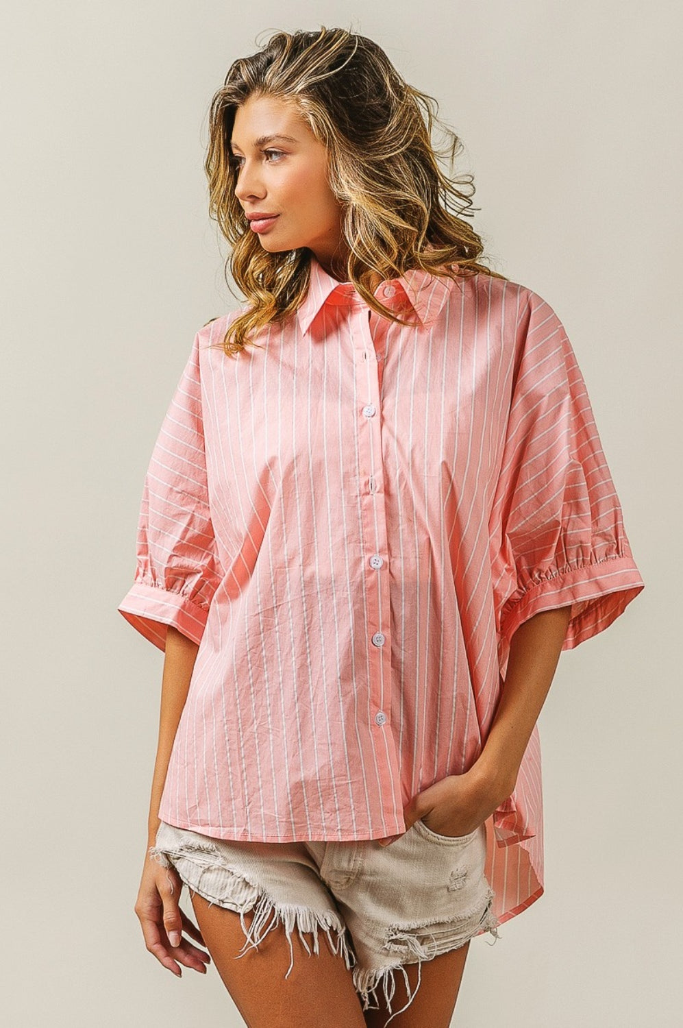 Button Up Striped Dolman Sleeve Shirt Casual Chic Boutique