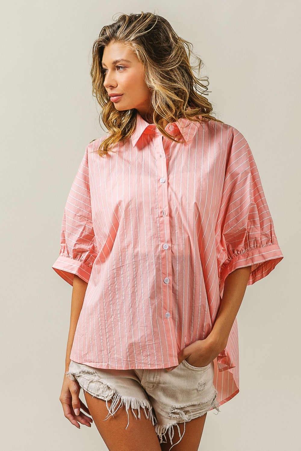 Button Up Striped Dolman Sleeve Shirt Casual Chic Boutique