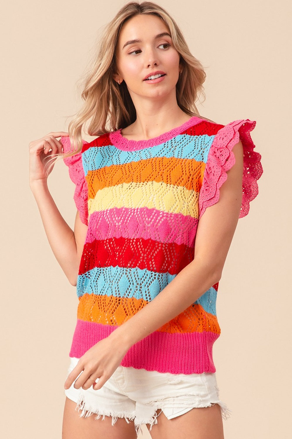 BiBi Pointelle Striped Ruffled Knit Top Trendsi