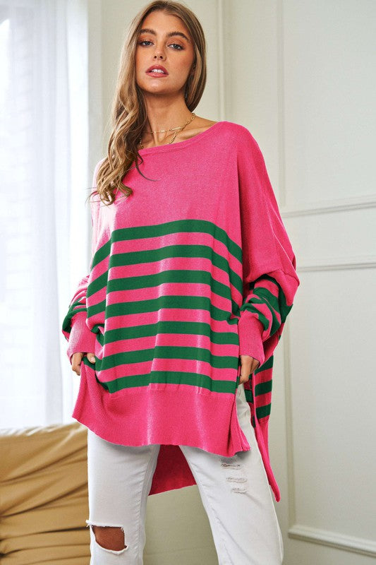 Multi Striped Elbow Patch Loose Fit Sweater Top Davi & Dani