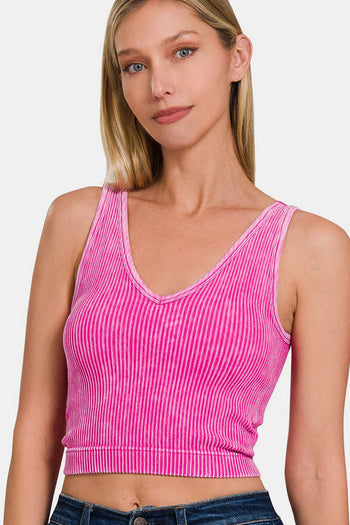 Zenana Washed Ribbed Cropped Bra Padded Tank Trendsi