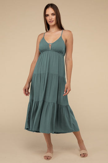 Woven Sweetheart Neckline Tiered Cami Midi Dress ZENANA