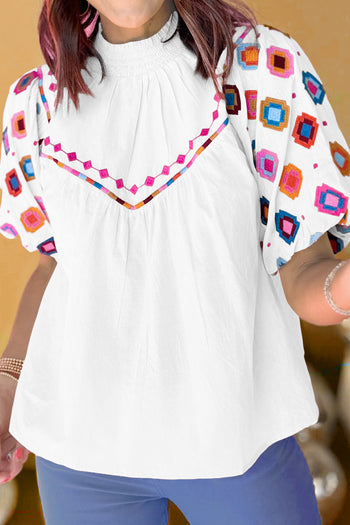 Printed Mock Neck Puff Sleeve Blouse Trendsi