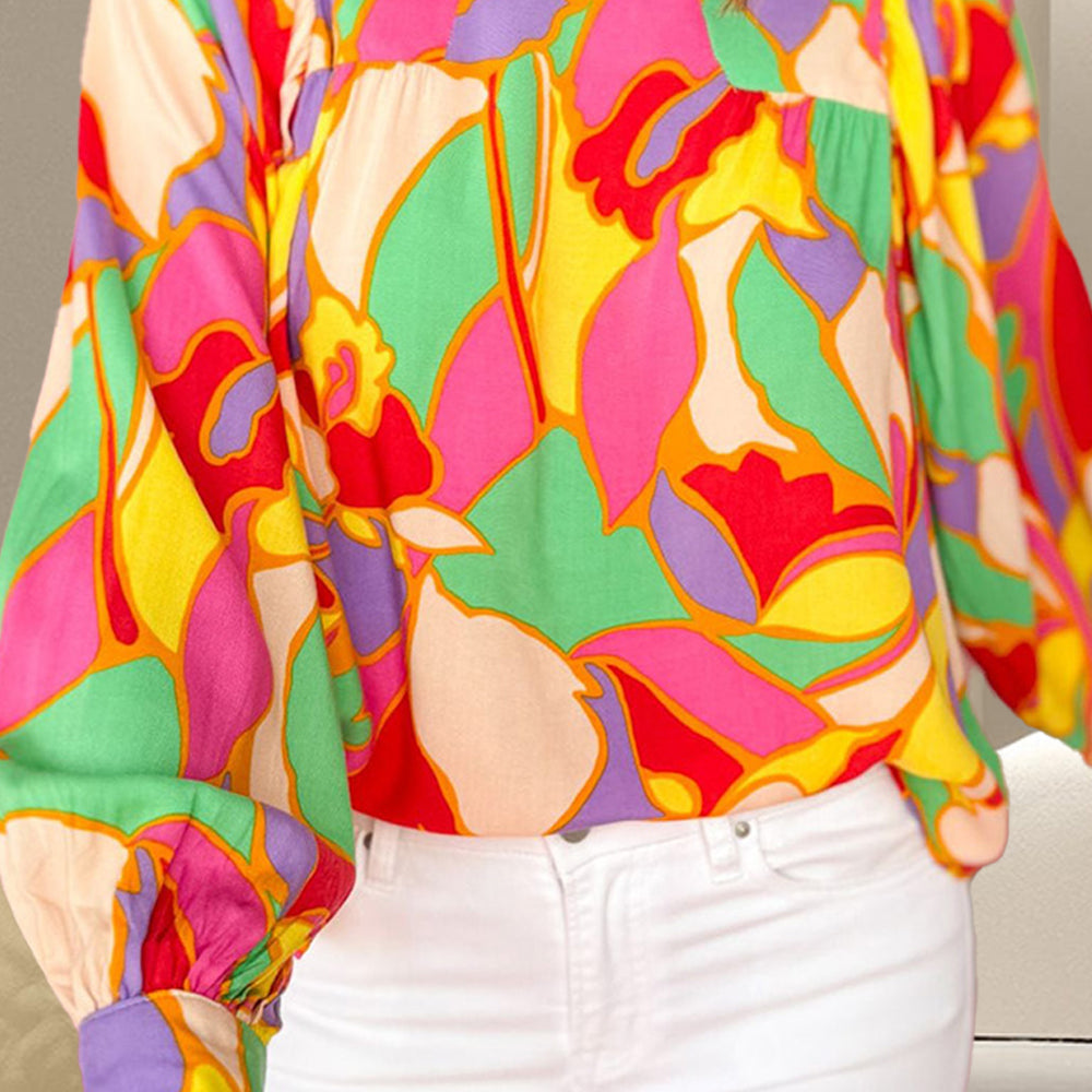 Contrast Print Round Neck Long Sleeve Blouse