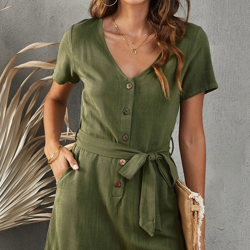 V-Neck Short Sleeve Tie Belt Romper with Pockets