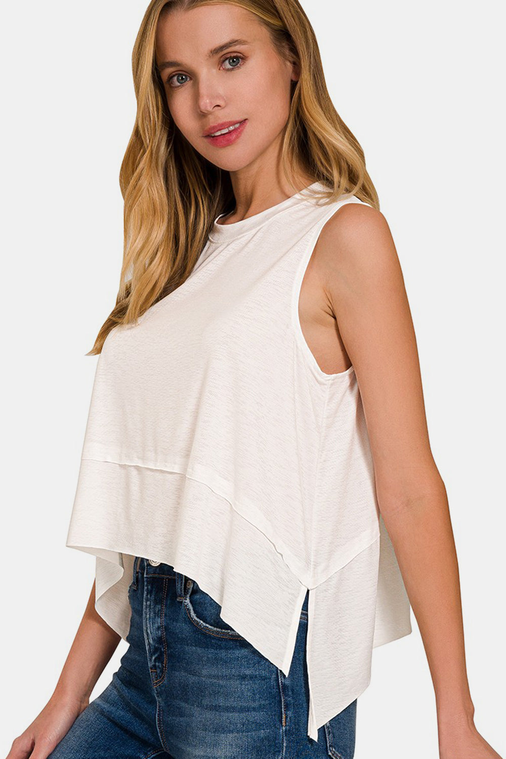 Zenana Slit High-Low Round Neck Tank Trendsi