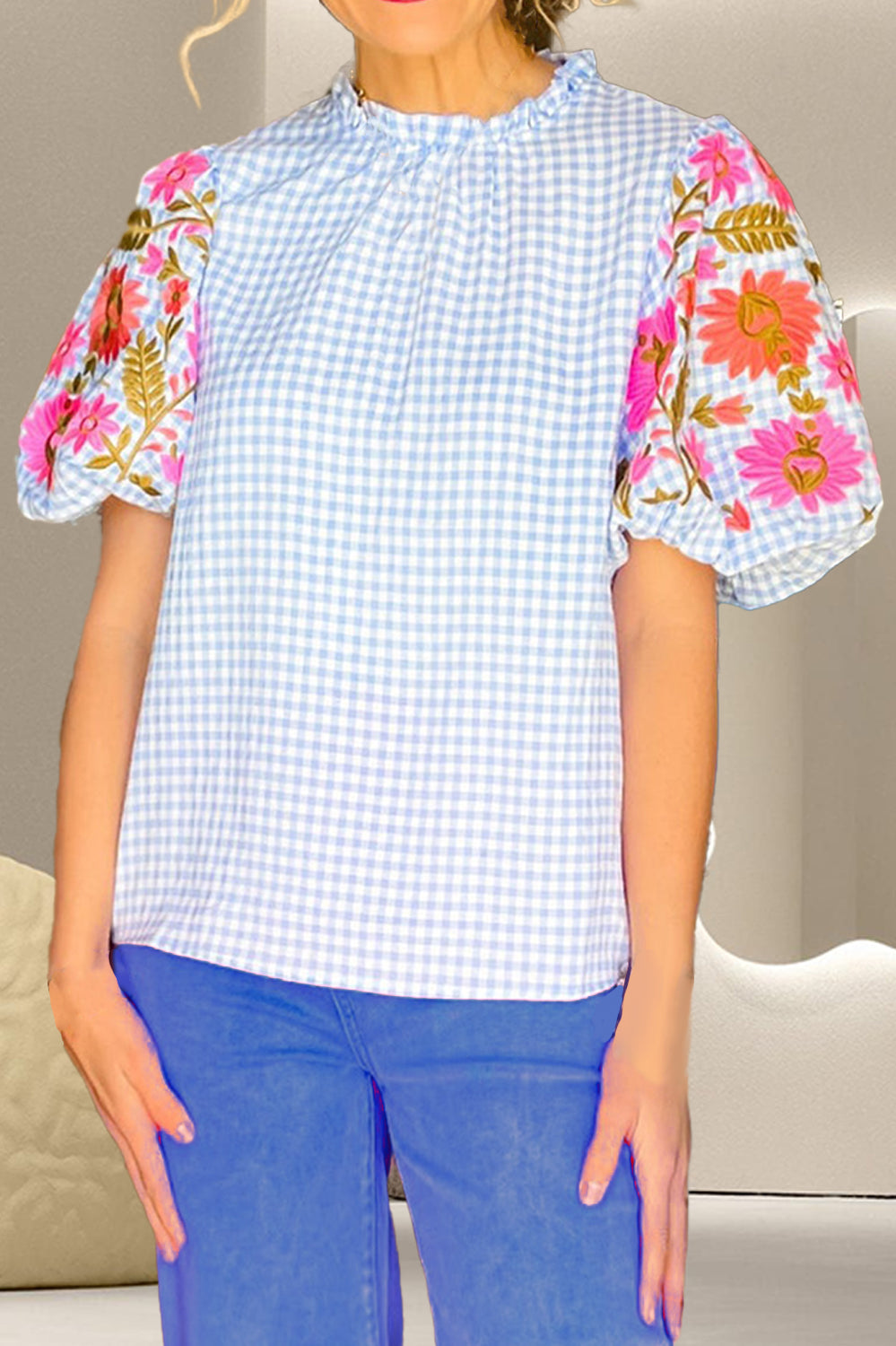 Embroidered Plaid Round Neck Short Sleeve Blouse Trendsi
