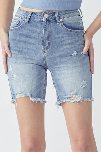 RISEN High Rise Distressed Denim Shorts Trendsi