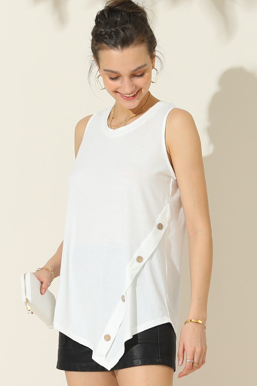 Ninexis Round Neck Button Side Tank Trendsi