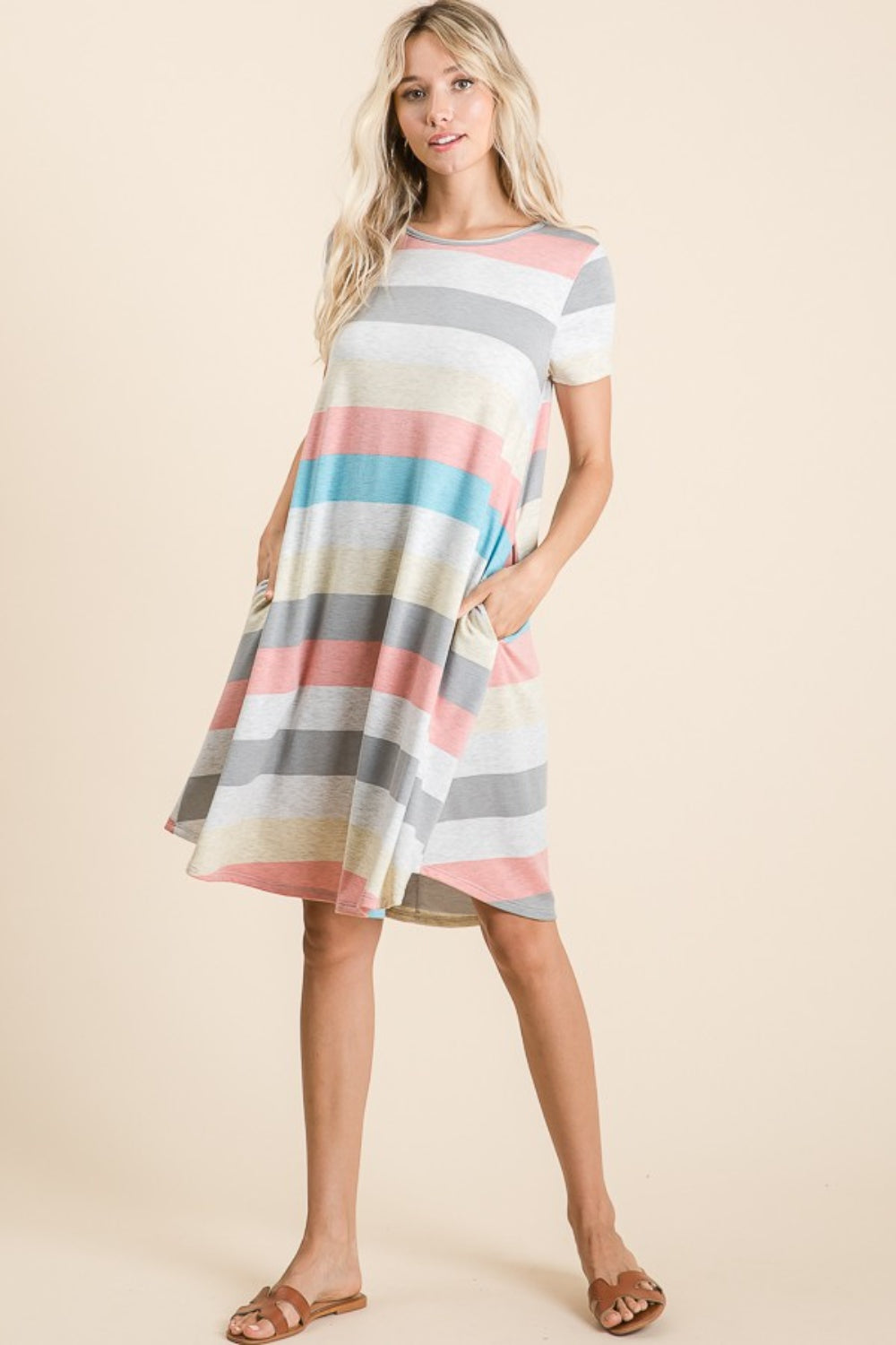 BOMBOM Striped Short Sleeve Dress with Pockets Trendsi