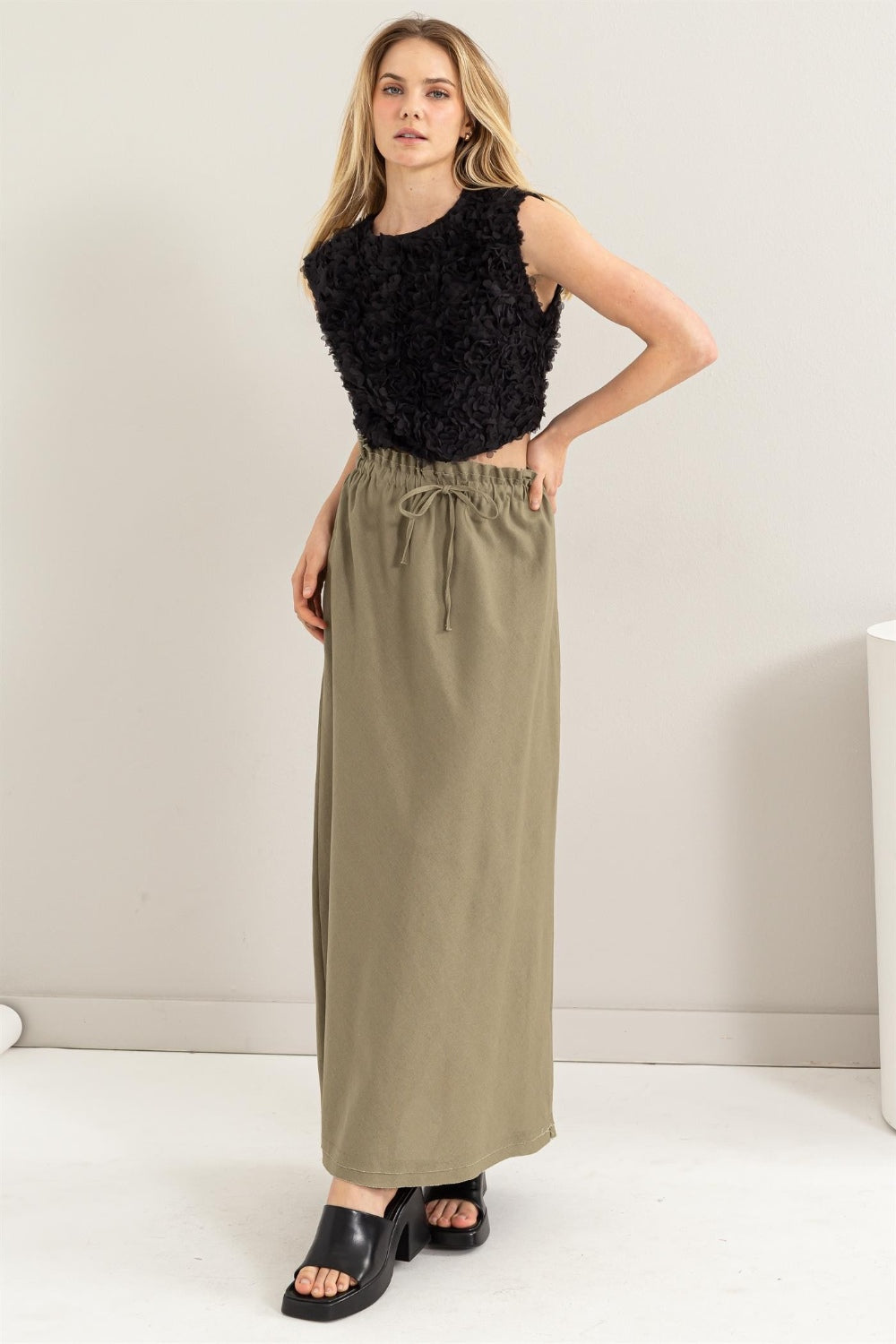 HYFVE Drawstring Washed Linen Maxi Skirt Trendsi