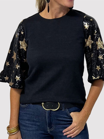 Sequin Round Neck Half Sleeve Blouse Trendsi