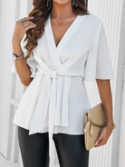 Women's Solid Wrap Belted V-neck Blouse H8LBSR6XTU Casual Chic Boutique