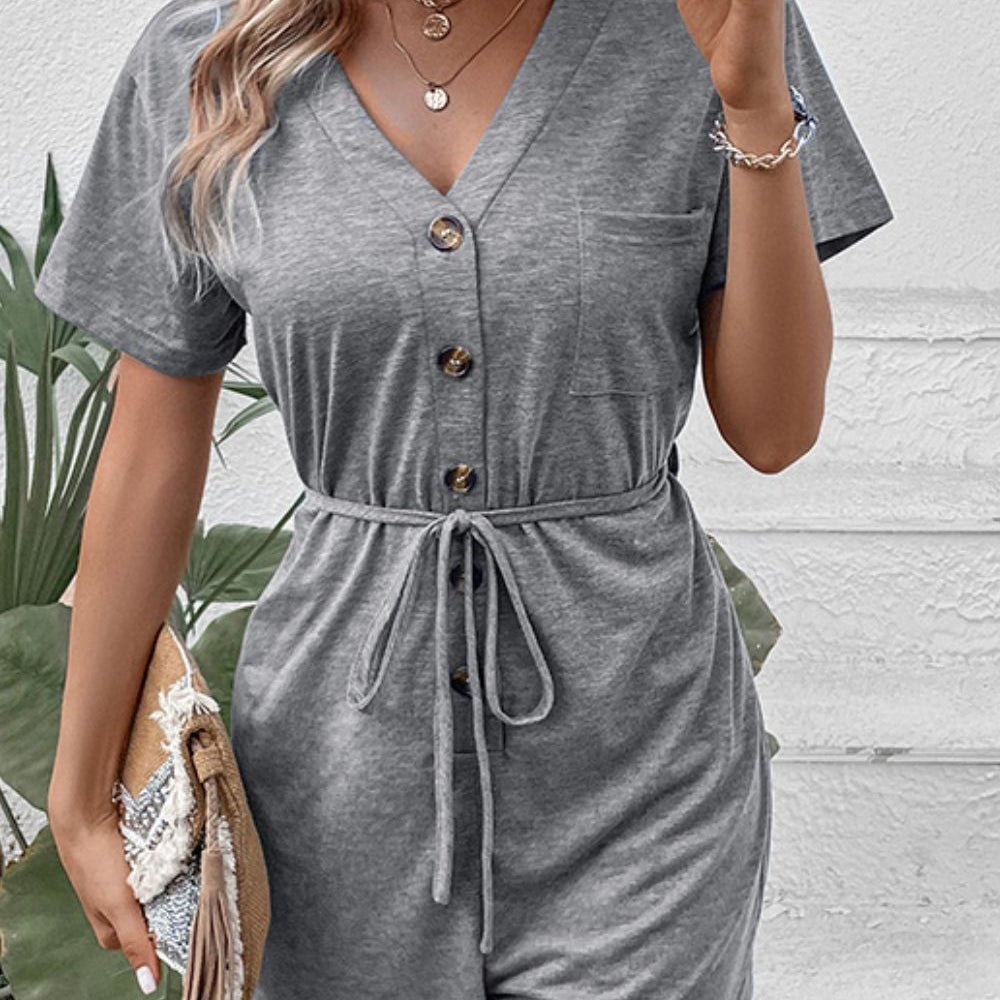 V-Neck Short Sleeve Tied Romper