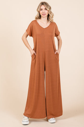 BOMBOM Ribbed Short Sleeve Wide Leg Jumpsuit Trendsi