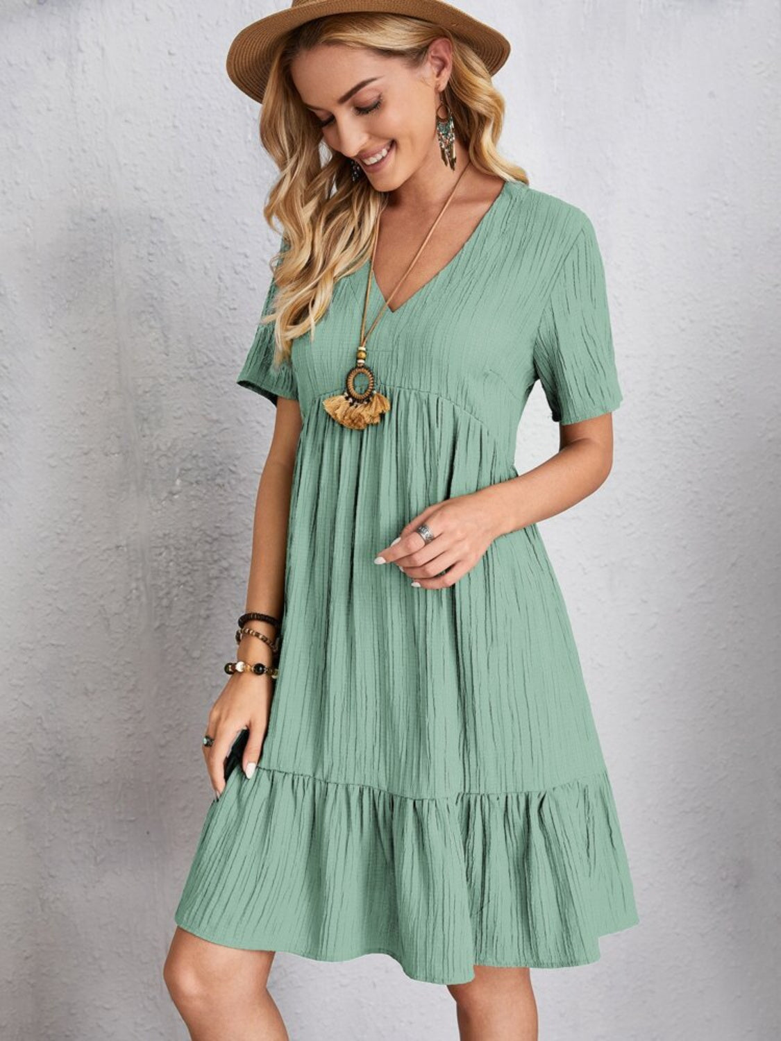 Full Size V-Neck Short Sleeve Dress Trendsi