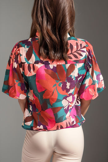 Printed Notched Puff Sleeve Blouse Trendsi