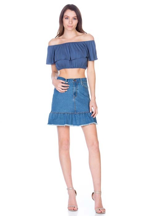 High Waisted A-line Ruffle Hem Denim Skirt O2 Denim