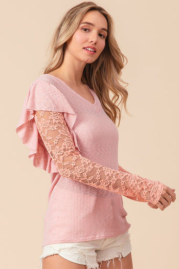 BiBi Ruffled Lace Sleeve Rib Knit Top Trendsi