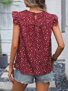 Ruffled Printed Round Neck Cap Sleeve Blouse Trendsi