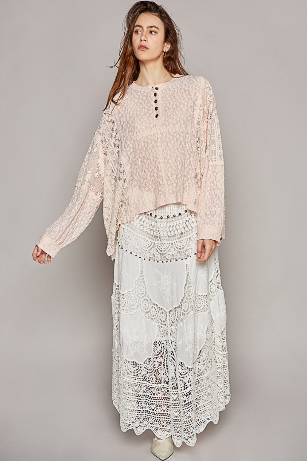 POL Round Neck Long Sleeve Raw Edge Lace Top Trendsi