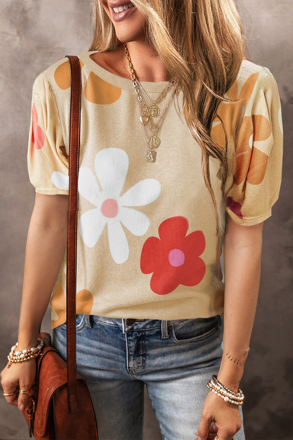 Flower Round Neck Short Sleeve Blouse Trendsi