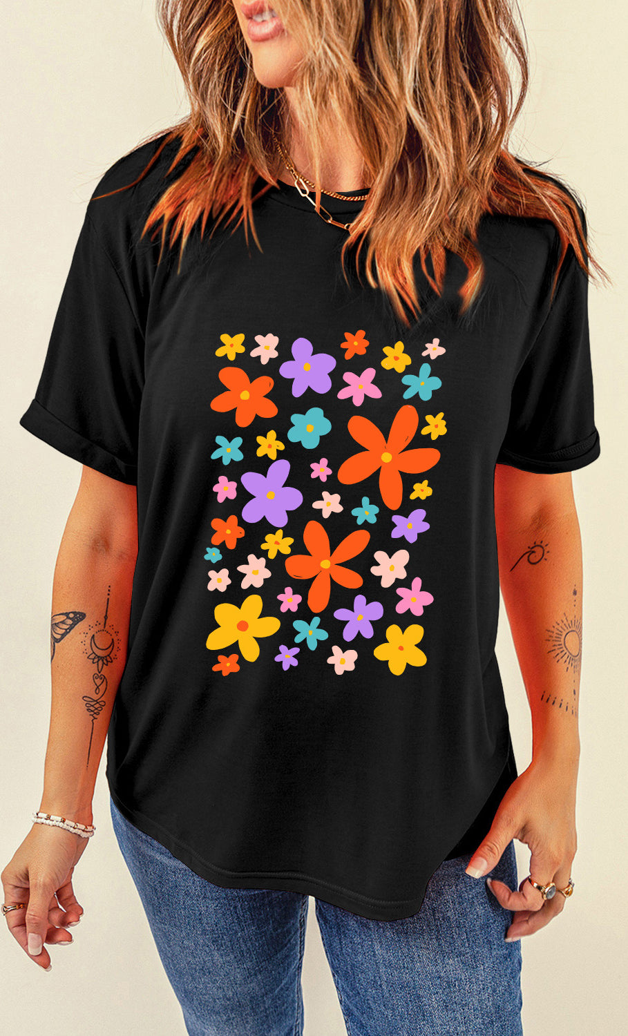 Flower Graphic Round Neck Short Sleeve T-Shirt Trendsi
