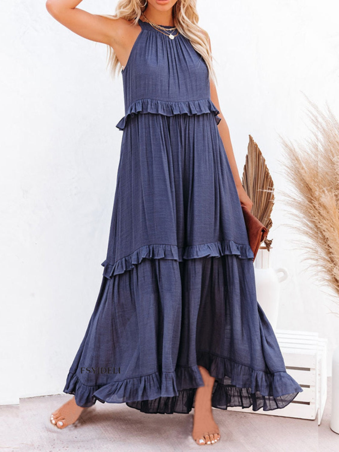 Ruffled Sleeveless Maxi Dress with Pockets Trendsi