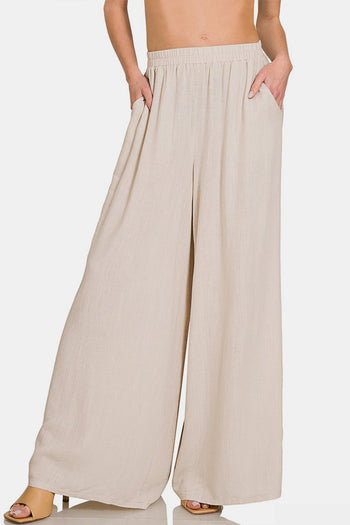 Zenana Pleated Linen Blend Wide Leg Pants Trendsi