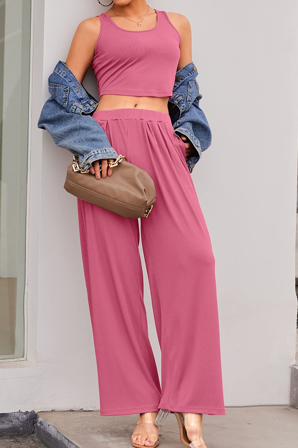 Scoop Neck Top and Wide Leg Pants Set Trendsi