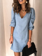 Full Size V-Neck Half Sleeve Denim Dress Trendsi