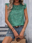 Ruffled Printed Round Neck Cap Sleeve Blouse Trendsi