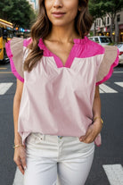 Ruffled Color Block Notched Cap Sleeve Blouse Trendsi