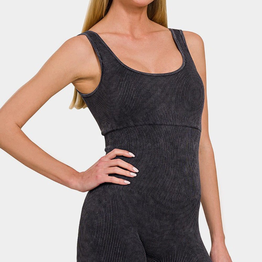 Zenana Washed Ribbed Romper with Pad