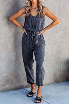 Pocketed Half Button Sleeveless Denim Jumpsuit Trendsi