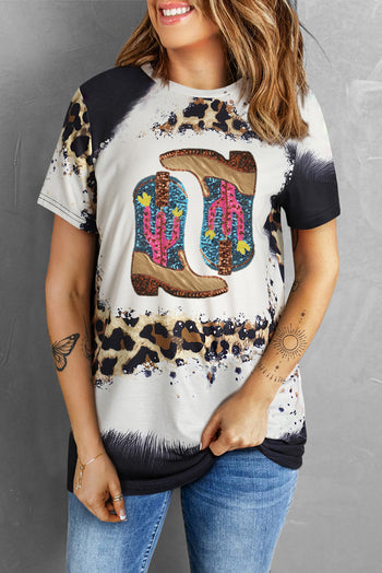 Sequin Boots Leopard Round Neck Short Sleeve T-Shirt Trendsi