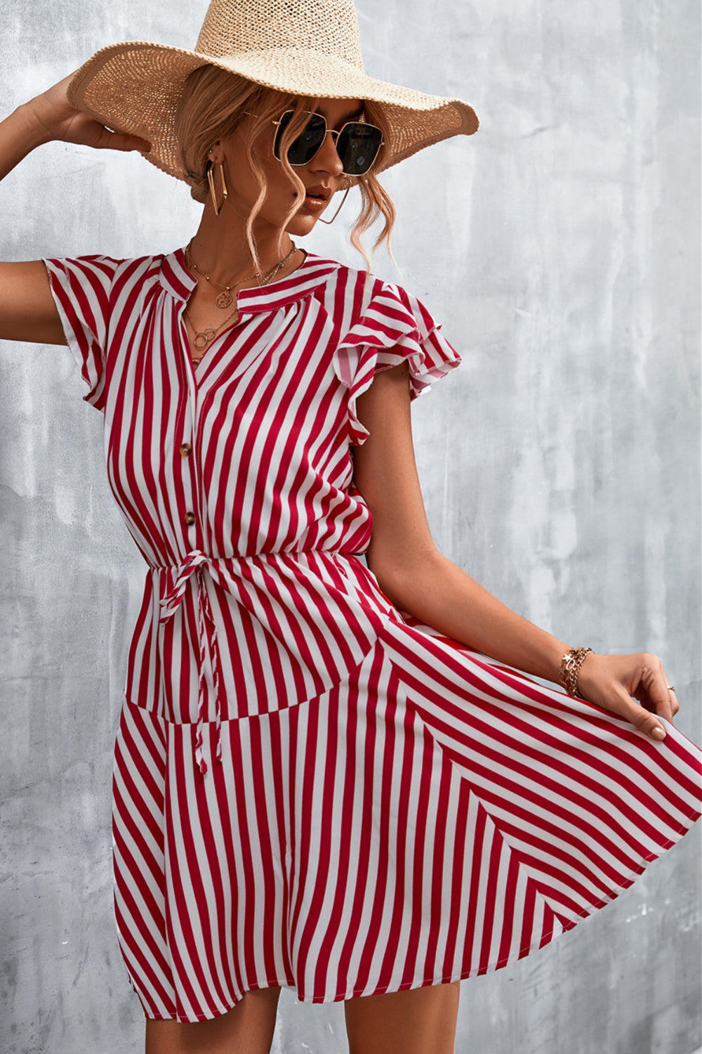 Ruffled Striped Cap Sleeve Mini Dress Trendsi