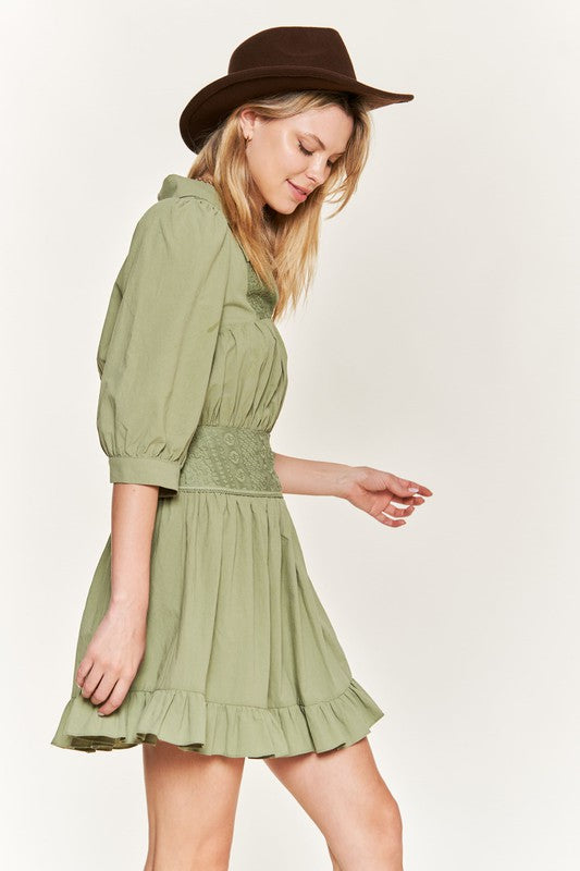 Eyelet detail 3/4 sleeve short dress JBJ1091 Jade By Jane