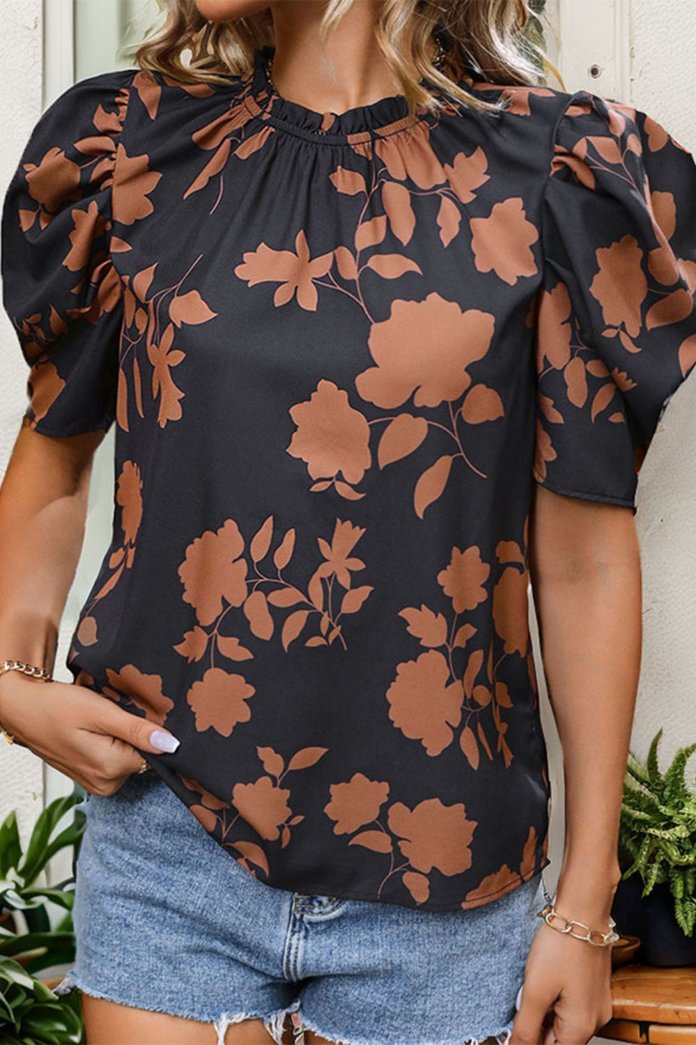 Frill Printed Round Neck Puff Sleeve Blouse Casual Chic Boutique