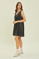 HEYSON Full Size Texture V-Neck Sleeveless Flare Mini Dress Trendsi