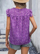 Ruffled Printed Round Neck Cap Sleeve Blouse Trendsi