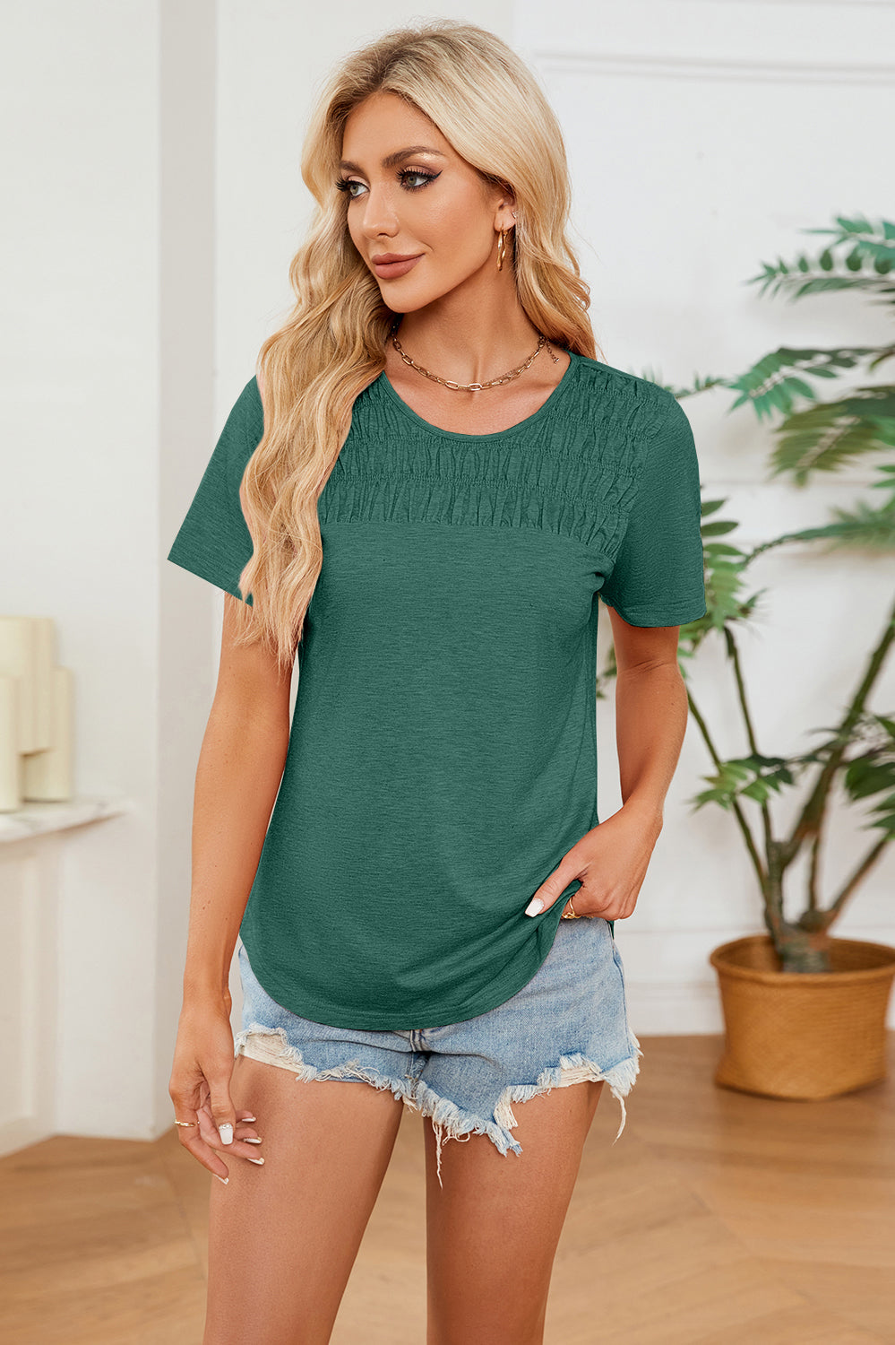 Ruched Round Neck Short Sleeve T-Shirt Casual Chic Boutique