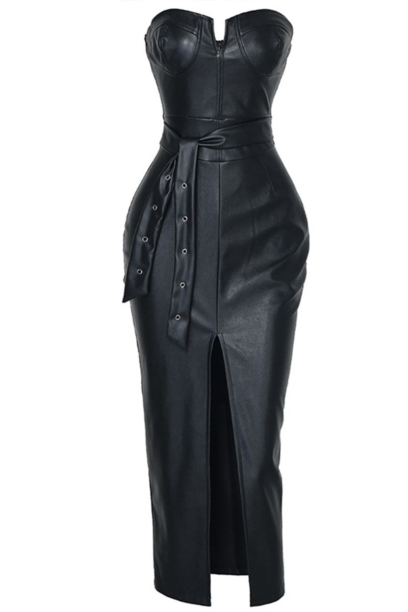 Priscilla Vegan Leather Zip Front Split Thigh Tube Dress Penderié, Inc.