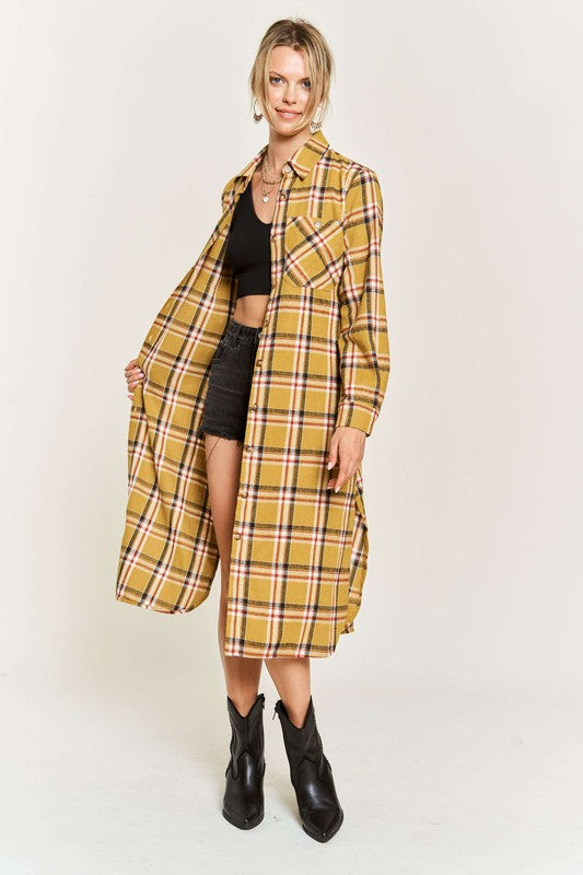 PLAID PRINT COLLAR LONG SHIRT DRESS PLUS Jade By Jane