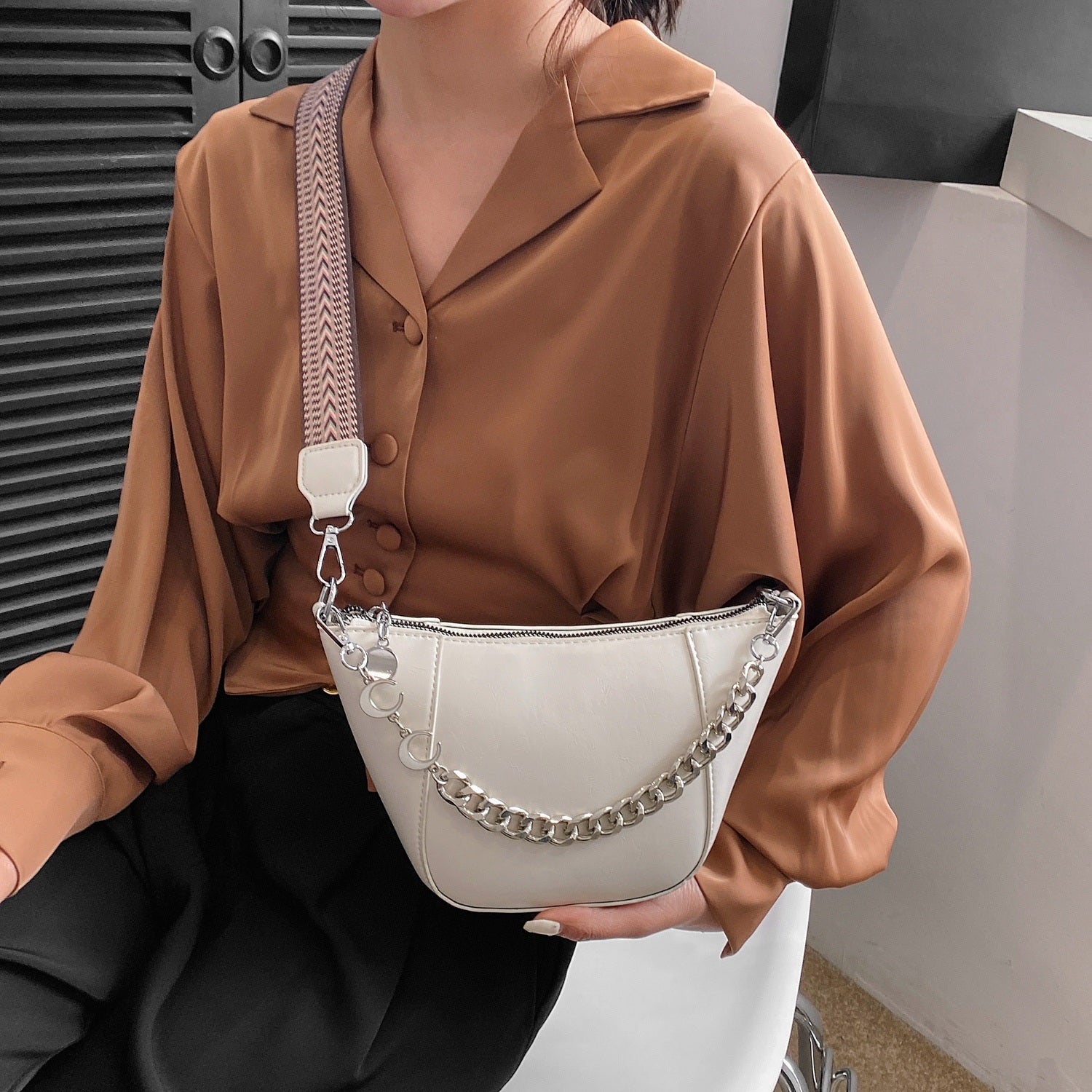 PU Leather Chain Trim Crossbody Bag Trendsi