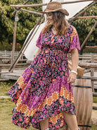 Plus Size Printed V-Neck Flutter Sleeve Midi Dress Trendsi